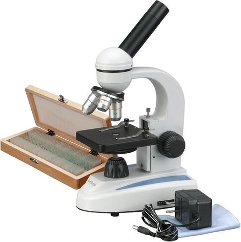 AmScope M149C-PS50 مجهر أحادي مركب، عدسات WF10x وWF25x، تكبير 40x-1000x، إضاءة LED، Brightfield، مكثف أحادي العدسة، مرحلة عادية، 110 فولت أو يعمل بالبطارية، إطار معدني عالي التحمل، يتضمن مجموعة من 50 شريحة مُجهزة in Saudi Arabia