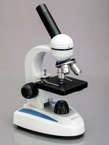 AmScope M149C-PS50 مجهر أحادي مركب، عدسات WF10x وWF25x، تكبير 40x-1000x، إضاءة LED، Brightfield، مكثف أحادي العدسة، مرحلة عادية، 110 فولت أو يعمل بالبطارية، إطار معدني عالي التحمل، يتضمن مجموعة من 50 شريحة مُجهزة in Saudi Arabia