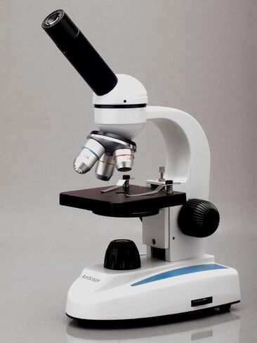 AmScope M149C-PS50 مجهر أحادي مركب، عدسات WF10x وWF25x، تكبير 40x-1000x، إضاءة LED، Brightfield، مكثف أحادي العدسة، مرحلة عادية، 110 فولت أو يعمل بالبطارية، إطار معدني عالي التحمل، يتضمن مجموعة من 50 شريحة مُجهزة in Saudi Arabia