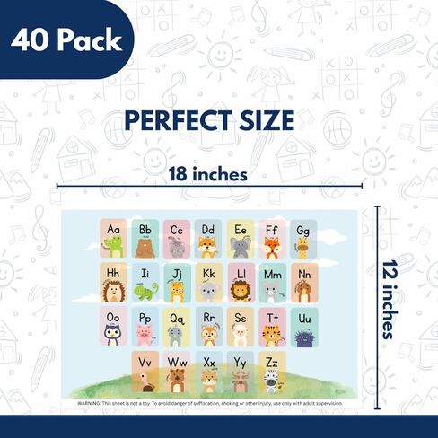 Disposable Stick-on Placemats 40 Pack for Baby & Kids, Restaurant Table Mats 12" x 18" Sticky Place Mats, Toddler Baby Placemat, Animal Alphabet Theme in Saudi Arabia