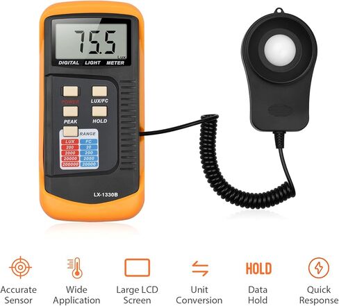 LCD Display Light Meter Handheld Illuminance Meter ABS Wide Range Meter for Industrial Use, Without Battery in Saudi Arabia