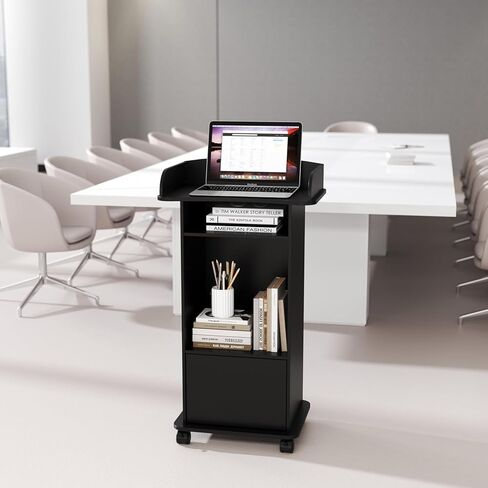 Wooden Podium Stand with Wheels Black,Professional Mobile Lecterns with Storage Cabinet,Church Host Stand Reception Desk with Adjustable Shelf for Events Conference School in Saudi Arabia