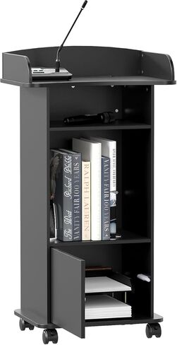 Wooden Podium Stand with Wheels Black,Professional Mobile Lecterns with Storage Cabinet,Church Host Stand Reception Desk with Adjustable Shelf for Events Conference School in Saudi Arabia