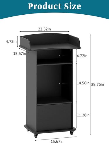 Wooden Podium Stand with Wheels Black,Professional Mobile Lecterns with Storage Cabinet,Church Host Stand Reception Desk with Adjustable Shelf for Events Conference School in Saudi Arabia