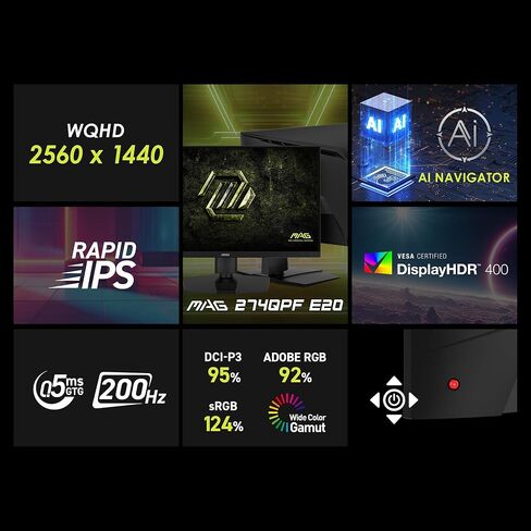 شاشة ألعاب msi MAG 274QPF E20 مقاس 27 بوصة 2560 × 1440 (WQHD)، 200 هرتز، مزامنة AMD Adaptive Sync، جاهزة لـ HDR، HDMI، منفذ VGA، قابل للتركيب على VESA، قابلة للإمالة، إطار نحيف من 4 جوانب، 0.5 مللي ثانية، أسود in Saudi Arabia