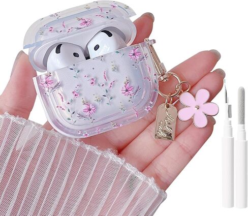 حافظة شفافة من MINSCOSE لأجهزة AirPods 4، تصميم بنمط زهرة كرتونية لطيفة مع سلسلة مفاتيح زهرية جمالية، حافظة واقية ناعمة من مادة TPU مضادة للصدمات مع مجموعة أدوات تنظيف للفتيات والنساء لأجهزة AirPods 4-وردي in Kuwait