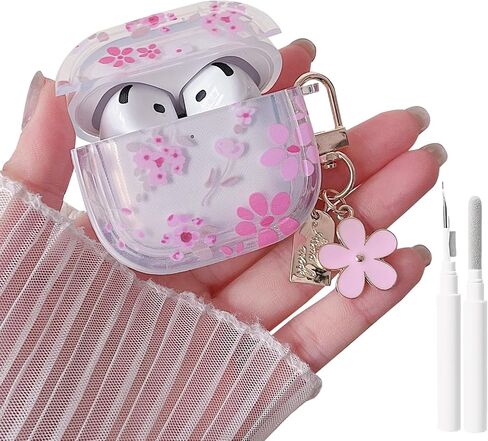 حافظة شفافة من MINSCOSE لأجهزة AirPods 4، تصميم بنمط زهرة كرتونية لطيفة مع سلسلة مفاتيح زهرية جمالية، حافظة واقية ناعمة من مادة TPU مضادة للصدمات مع مجموعة أدوات تنظيف للفتيات والنساء لأجهزة AirPods 4-وردي in Kuwait