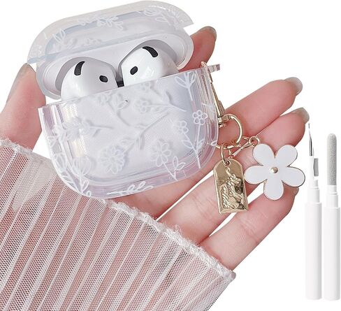 حافظة شفافة من MINSCOSE لأجهزة AirPods 4، تصميم بنمط زهرة كرتونية لطيفة مع سلسلة مفاتيح زهرية جمالية، حافظة واقية ناعمة من مادة TPU مضادة للصدمات مع مجموعة أدوات تنظيف للفتيات والنساء لأجهزة AirPods 4-وردي in Kuwait