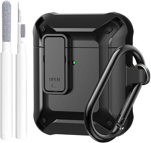 حافظة قفل لجهاز Airpods Pro الجيل الثاني/الأول 2019/2022/2023، هيكل صلب عسكري كامل الجسم مقاوم للصدمات مع مجموعة أدوات تنظيف وسلسلة مفاتيح، أسود in Saudi Arabia