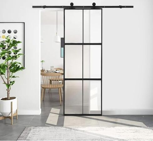 36x84 Inch Glass Barn Door with 3-Panel Frosted Tempered Glass, Black Aluminum Frame, Top Mount Sliding Door Kit with Soft Close Mechanism for Indoor Privacy – Easy Assembly, Hardware Included in Saudi Arabia