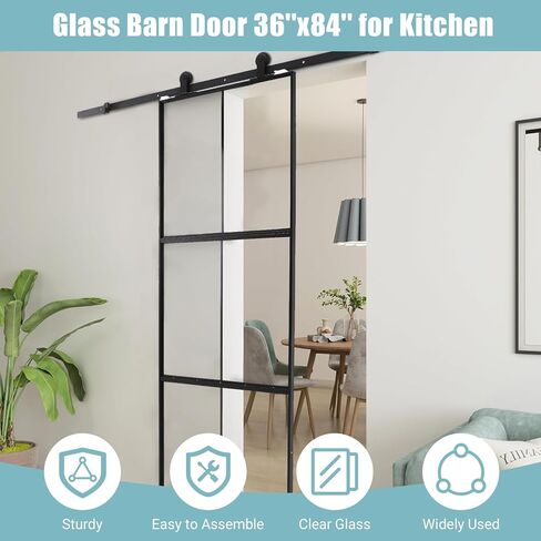 36x84 Inch Glass Barn Door with 3-Panel Frosted Tempered Glass, Black Aluminum Frame, Top Mount Sliding Door Kit with Soft Close Mechanism for Indoor Privacy – Easy Assembly, Hardware Included in Saudi Arabia
