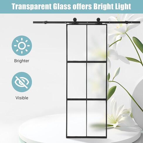 36x84 Inch Glass Barn Door with 3-Panel Frosted Tempered Glass, Black Aluminum Frame, Top Mount Sliding Door Kit with Soft Close Mechanism for Indoor Privacy – Easy Assembly, Hardware Included in Saudi Arabia