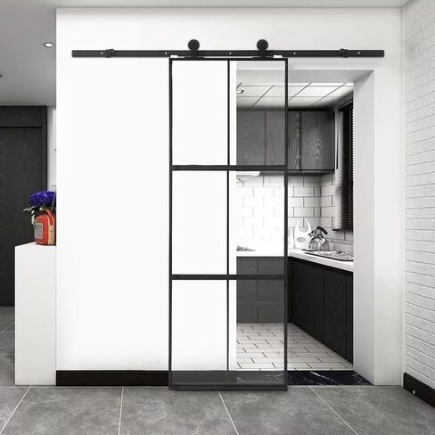 36x84 Inch Glass Barn Door with 3-Panel Frosted Tempered Glass, Black Aluminum Frame, Top Mount Sliding Door Kit with Soft Close Mechanism for Indoor Privacy – Easy Assembly, Hardware Included in Saudi Arabia