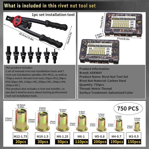 مجموعة أدوات صامولة برشام الضغط من ASE، 770 قطعة (3/8-16,5/16-18,1/4,10-24,8-32,6-32) صامولة برشام إمبراطوري، مناسبة للأثاث والديكور والسيارات والتطبيقات البحرية والصناعية in Kuwait