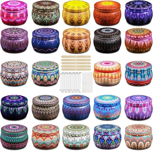 HappyHube 24 علب شمعة الصفيحات الفارغة-حاويات معدنية 12x8oz و 12 × 4 أوقية لصنع شموع DIY ، علب الصدأ الصديقة للسفر مع الأغطية (الجرار الخشبية والأسطوانة الأسطوانية) in Kuwait