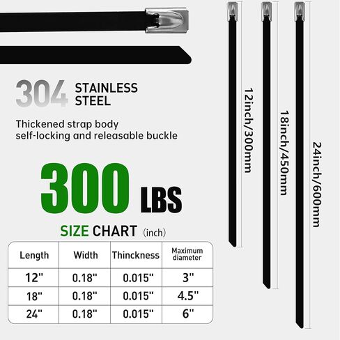 Metal Zip Ties 100 Pack 12 Inch, 304 Stainless Steel 300LBS Heavy Duty Zip Ties Black - Self-Locking Cable Ties for Exhaust Wrap，Chain Link Fence Parts, Outdoor Farms,Pipes in Saudi Arabia