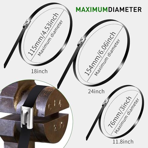 Metal Zip Ties 100 Pack 12 Inch, 304 Stainless Steel 300LBS Heavy Duty Zip Ties Black - Self-Locking Cable Ties for Exhaust Wrap，Chain Link Fence Parts, Outdoor Farms,Pipes in Saudi Arabia