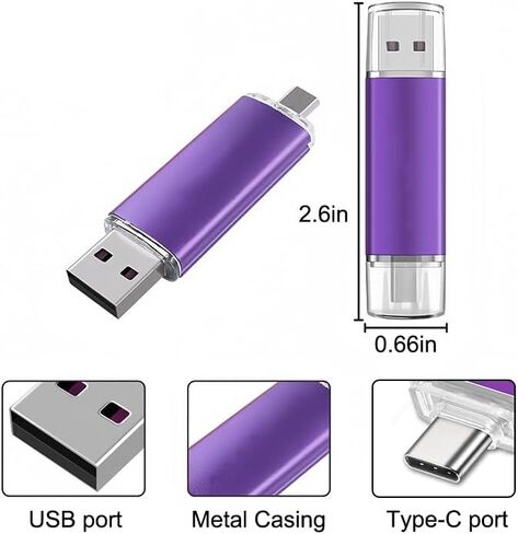 محرك أقراص فلاش USB-A من النوع C سعة 64 جيجابايت، محرك إبهام محمول ثنائي المنافذ، شريحة ذاكرة 2 في 1 للكمبيوتر، الهاتف الذكي، نقل الأجهزة، المكتب، الأعمال، السفر، مشاركة البيانات، أرجواني in Kuwait