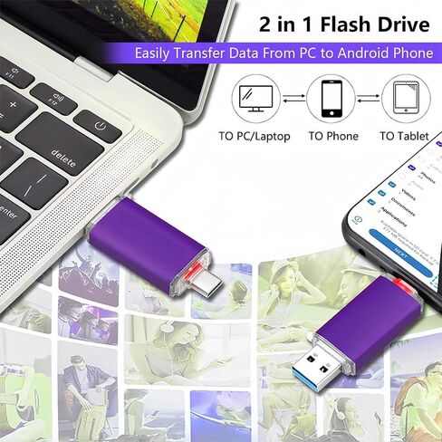 محرك أقراص فلاش USB-A من النوع C سعة 64 جيجابايت، محرك إبهام محمول ثنائي المنافذ، شريحة ذاكرة 2 في 1 للكمبيوتر، الهاتف الذكي، نقل الأجهزة، المكتب، الأعمال، السفر، مشاركة البيانات، أرجواني in Kuwait
