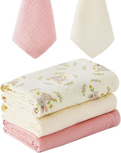 5 Pack Muslin Swaddle Blankets & Baby Burp Cloths, Soft & Breathable Cotton Baby Blankets, Receiving Blankets for Newborn Girl, Nursery Infant Essentials, Swaddling Wrap for Unisex (Pink & White) in Saudi Arabia