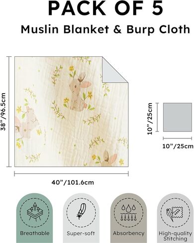 5 Pack Muslin Swaddle Blankets & Baby Burp Cloths, Soft & Breathable Cotton Baby Blankets, Receiving Blankets for Newborn Girl, Nursery Infant Essentials, Swaddling Wrap for Unisex (Pink & White) in Saudi Arabia