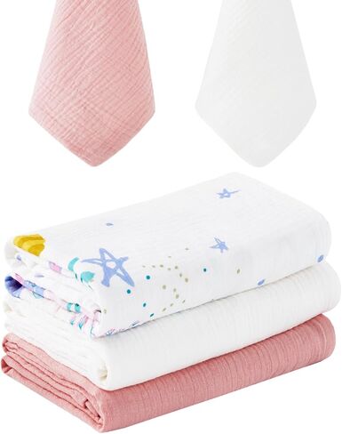 5 Pack Muslin Swaddle Blankets & Baby Burp Cloths, Soft & Breathable Cotton Baby Blankets, Receiving Blankets for Newborn Girl, Nursery Infant Essentials, Swaddling Wrap for Unisex (Pink & White) in Saudi Arabia