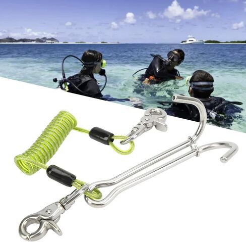 316 Stainless Steel Diving Current Hook Double Reef Hook, 13cm Length, 1m Spiral Coil Lanyard - Corrosion Resistant, Quick Release Lanyard for Camera Flashlight, Underwater in Kuwait