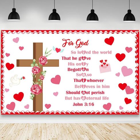 Valentines Christian Backdrop Jesus Valentine's Day Party Banner Decorations Pink Heart Christian Religious Valentines Day for Kid Party Decor Backdrops for Photography 70.8x43.3 inch in Saudi Arabia