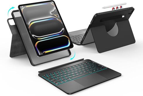 لجهاز iPad Air 13 (M3 2025/ M2 2024) وiPad Pro 13 بوصة (M4) 2024 وiPad Pro 12.9 (الجيل السادس والخامس والرابع والثالث)، حماية كاملة قابلة للدوران والفصل مع لوحة تتبع و7 مصابيح خلفية، أسود in Kuwait
