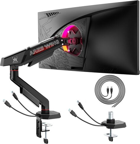 ARES WING Heavy Duty Dual Monitor Arm, Fully Adjustable Monitor Mount for 17-35 Inch Flat Curved Ultrawide Screens Up to 26.5lbs with USB A/C, C-Clamp & Grommet Base, 75/100 Vesa Mount, Black in Saudi Arabia