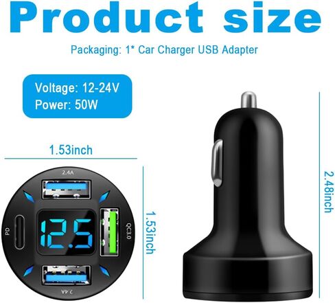 4 in 1 Cigarette Lighter USB Charger with Voltage Display,50W Car Charger USB C Fast Charge for 12-24V Cars,Multi Port Cars Cigarette Lighter Adapter Compatible with iPhone Car Accessories in Saudi Arabia