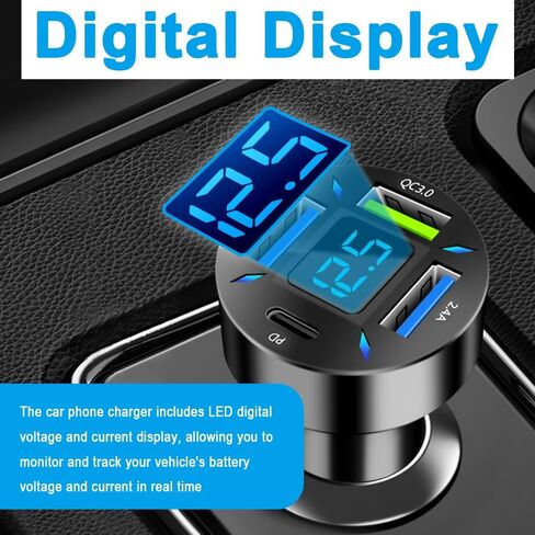 4 in 1 Cigarette Lighter USB Charger with Voltage Display,50W Car Charger USB C Fast Charge for 12-24V Cars,Multi Port Cars Cigarette Lighter Adapter Compatible with iPhone Car Accessories in Saudi Arabia