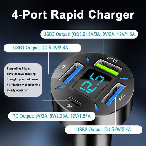 4 in 1 Cigarette Lighter USB Charger with Voltage Display,50W Car Charger USB C Fast Charge for 12-24V Cars,Multi Port Cars Cigarette Lighter Adapter Compatible with iPhone Car Accessories in Saudi Arabia