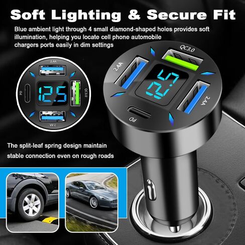 4 in 1 Cigarette Lighter USB Charger with Voltage Display,50W Car Charger USB C Fast Charge for 12-24V Cars,Multi Port Cars Cigarette Lighter Adapter Compatible with iPhone Car Accessories in Saudi Arabia