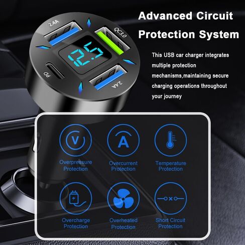 4 in 1 Cigarette Lighter USB Charger with Voltage Display,50W Car Charger USB C Fast Charge for 12-24V Cars,Multi Port Cars Cigarette Lighter Adapter Compatible with iPhone Car Accessories in Saudi Arabia