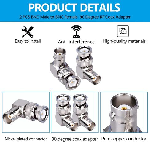 TUOLNK BNC Male to Female Elbow Adapter 90 Degree RF Coax Connector for Security Cameras/Extension Cable Connector Right Angle 2pcs in Kuwait