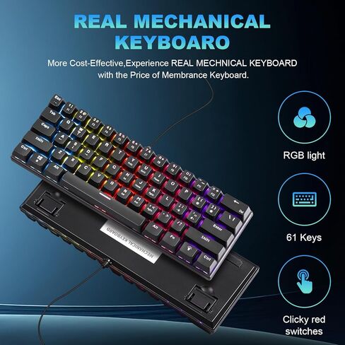 لوحة مفاتيح ألعاب ميكانيكية سلكية بنسبة 60% RGB بإضاءة خلفية ومضادة للظلال، لوحة مفاتيح صغيرة مدمجة مكونة من 61 مفتاحًا مع مفتاح أحمر | لأجهزة الكمبيوتر المحمول التي تعمل بنظام Windows PC Gamer Office Typist in Kuwait