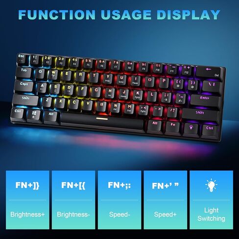 لوحة مفاتيح ألعاب ميكانيكية سلكية بنسبة 60% RGB بإضاءة خلفية ومضادة للظلال، لوحة مفاتيح صغيرة مدمجة مكونة من 61 مفتاحًا مع مفتاح أحمر | لأجهزة الكمبيوتر المحمول التي تعمل بنظام Windows PC Gamer Office Typist in Kuwait