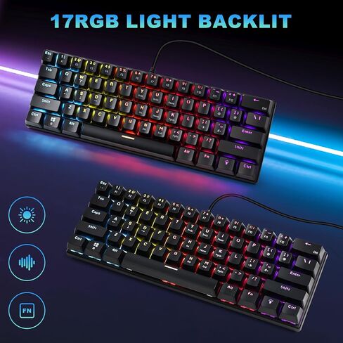 لوحة مفاتيح ألعاب ميكانيكية سلكية بنسبة 60% RGB بإضاءة خلفية ومضادة للظلال، لوحة مفاتيح صغيرة مدمجة مكونة من 61 مفتاحًا مع مفتاح أحمر | لأجهزة الكمبيوتر المحمول التي تعمل بنظام Windows PC Gamer Office Typist in Kuwait