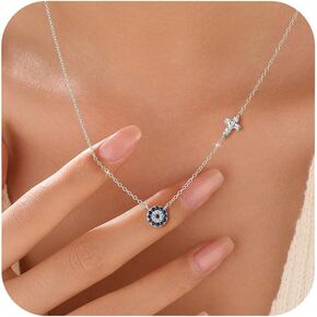 SUYACS الذهب عين الشر القلائد للنساء 925 الفضة الاسترليني قلادة الصليب الصغيرة قلادة الأزرق مكعب زركونيا العين سحر سلسلة المسيحية المعمودية الإيمان الديني مجوهرات هدايا عيد الميلاد للأم in Kuwait