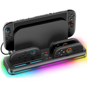 محطة شحن Switch 2/1 متوافقة مع وحدة تحكم Joycon 1/2، شاحن وحدة تحكم Switch 2، قاعدة شحن Joycon، ملحقات الألعاب مع 9 أوضاع إضاءة RGB للعبة sega Game Gear in Kuwait