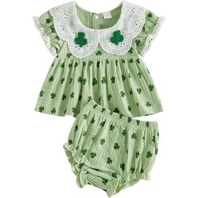 Muasaaluxi Baby Girl St Patricks Day Outfit Doll Collar Four Leaf Clover T-shirt Cotton Linen Shorts Summer Irish Clothes in Saudi Arabia