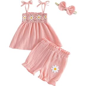 Baby Girl Summer 3 Piece Outfit Toddler Muslin Cotton Top Ruffle Bloomers Shorts Bow Headband Cute Embroidered Set in Kuwait