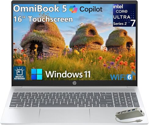 HP OmniBook 5 16" Touchscreen FHD+ Laptop Computer, Next Gen AI PC, Intel 12-Core Ultra 7 255U, 16GB LPDDR5X RAM, 1TB PCIe SSD, WiFi 6, Bluetooth 5.4, Backlit Keyboard, Windows 11 Home, Type-C Hub in Kuwait