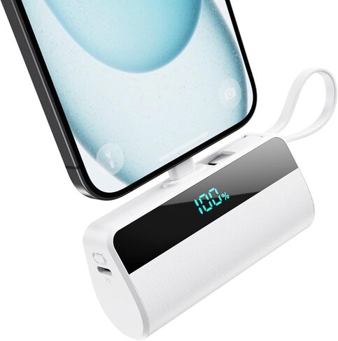 شاحن محمول صغير لهاتف iPhone مع كابل USB C مدمج، بنك طاقة صغير 5500 مللي أمبير في الساعة 20 وات PD شحن سريع، حزمة بطارية أساسية للسفر لهاتف iPhone 17/16/15/14/13/12/11/X Series Android Galaxy (أسود) in Kuwait