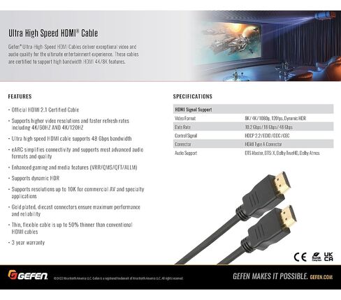 كابل Gefen 8K Gaming HDMI 2.1 (1 متر/3.3 قدم) - سرعة فائقة معتمدة 48 جيجابت في الثانية لأجهزة PS5 وXbox Series X والكمبيوتر الشخصي، يدعم 4K@120 هرتز وVRR وALLM وeARC للعب النهائي in Kuwait