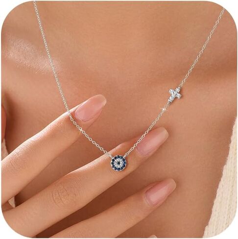 SUYACS الذهب عين الشر القلائد للنساء 925 الفضة الاسترليني قلادة الصليب الصغيرة قلادة الأزرق مكعب زركونيا العين سحر سلسلة المسيحية المعمودية الإيمان الديني مجوهرات هدايا عيد الميلاد للأم in Kuwait