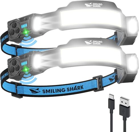 Smiling Shark TS-4 Headlamp, Dual Spotlight with 4X Floodlight & Strobe LED Head Torch Rechargeable 2400mAh Long-Lasting Hands-Free Design for Camping Hiking Running Jogging (2 Pack) in Saudi Arabia