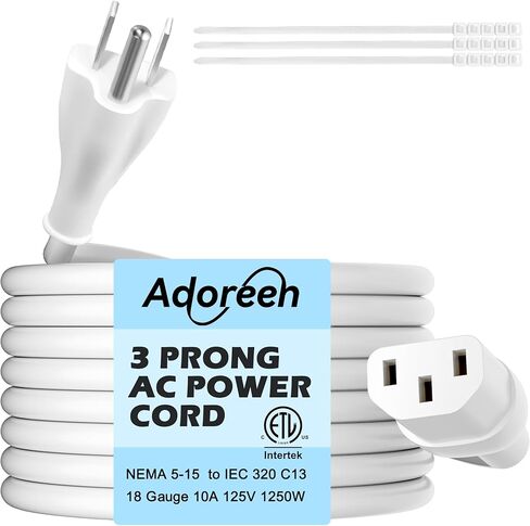 Adoreen 6 قدم تلفزيون الكمبيوتر استبدال سلك الطاقة الأبيض، 90 درجة زاوية على شكل حرف L 18AWG 3-Prong AC كابل إمداد الطاقة العالمي NEMA 5-15P إلى IEC 320 C13 للطابعة، الكمبيوتر الشخصي، شاشة تلفزيون LCD، ETL+Ties in Kuwait