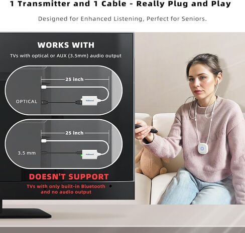سماعات رأس Holdsound TV لاسلكية لكبار السن، سماعات رأس لاسلكية بشريط حول الرقبة للتلفزيون مع جهاز إرسال USB، وقت تشغيل 15 ساعة، بدون تأخير صوت، حجم محسن، كريمي in Saudi Arabia
